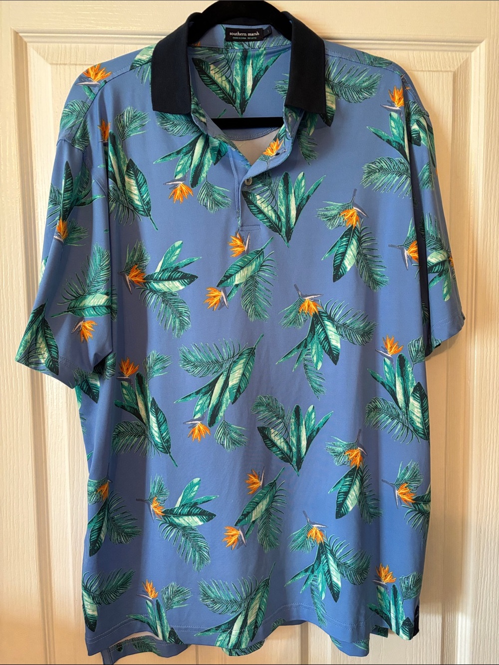 Southern Marsh Blue Tropical Leaf & Orange Floral Polo